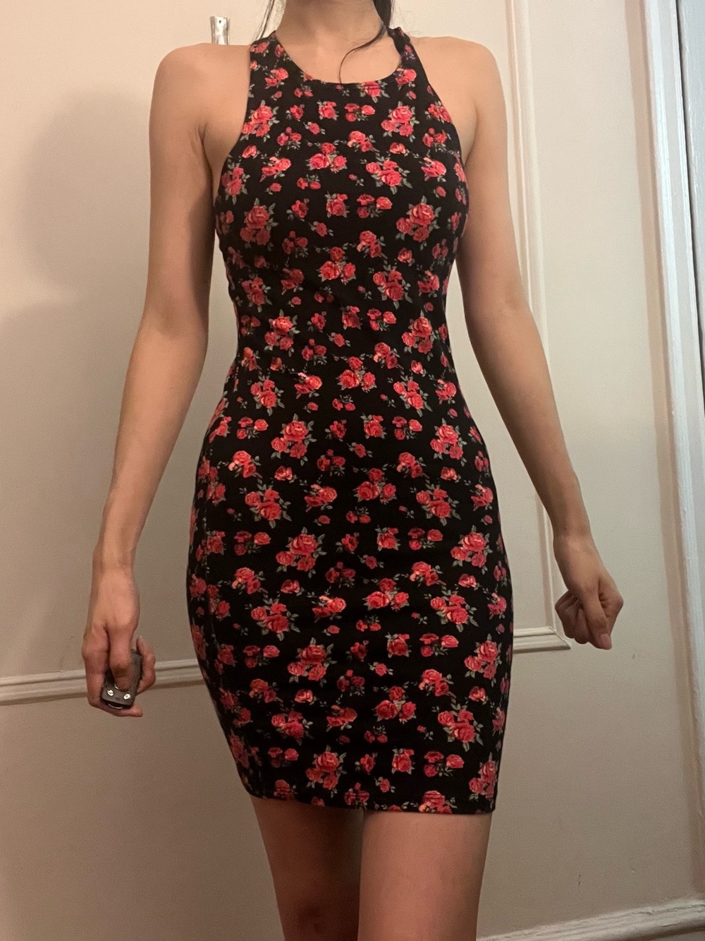 Floral Tank Bodycon Black Dress with Red Roses